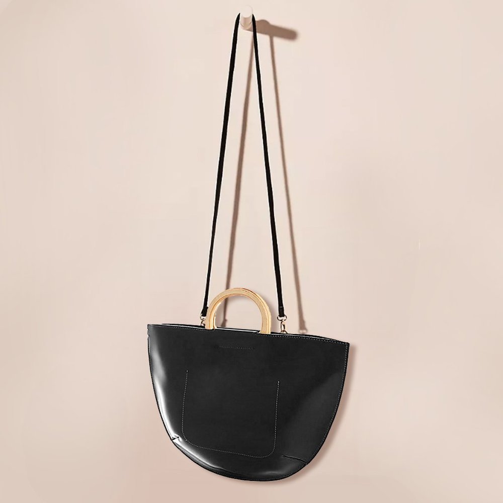 Half-Moon Leather Convertible Cross-body/Oversized Clutch/Wooden Top Handle Bag